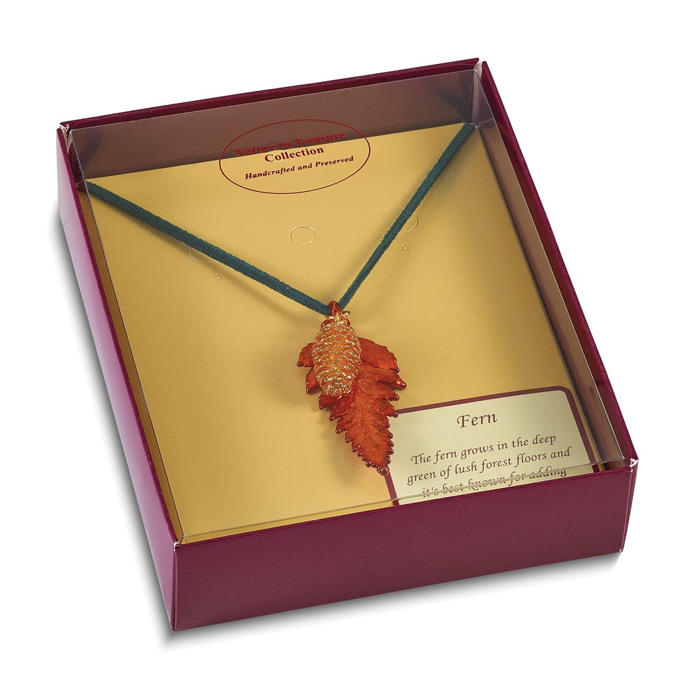 Mode Iridescent Copper Echt Fern Blatt und 24K Gold Dipped Pine Cone 20 Zoll Leder Kordel Halskette