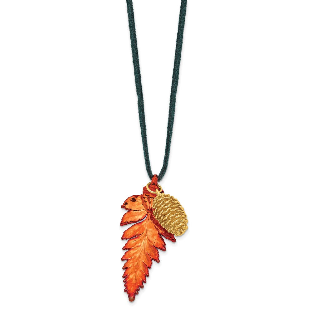 Mode Iridescent Copper Echt Fern Blatt und 24K Gold Dipped Pine Cone 20 Zoll Leder Kordel Halskette