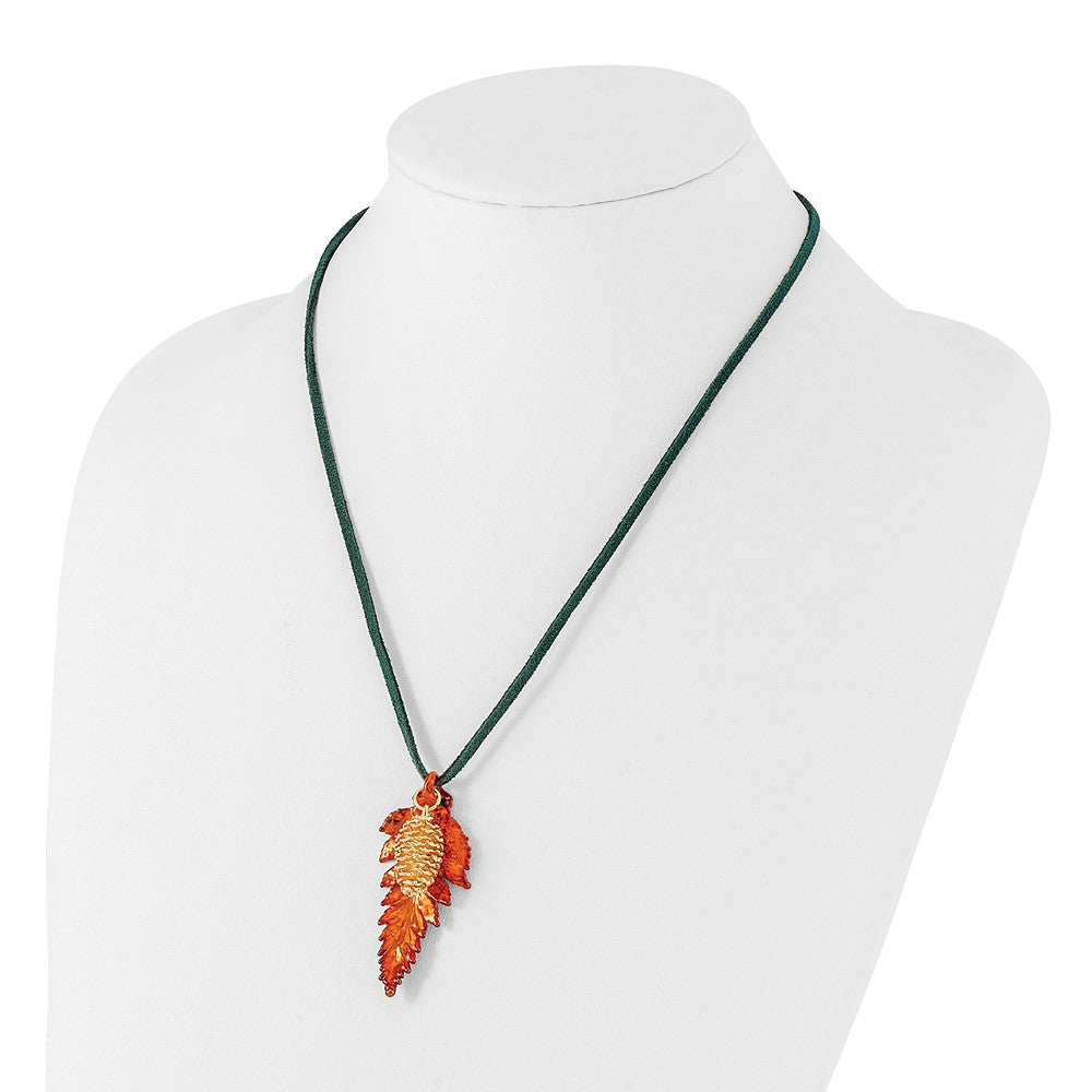 Mode Iridescent Copper Echt Fern Blatt und 24K Gold Dipped Pine Cone 20 Zoll Leder Kordel Halskette