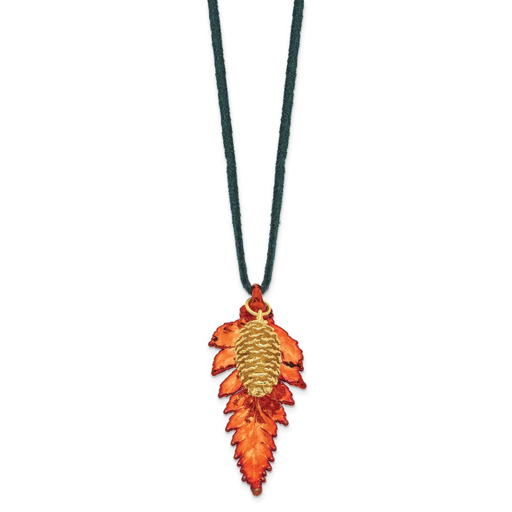 Mode Iridescent Copper Echt Fern Blatt und 24K Gold Dipped Pine Cone 20 Zoll Leder Kordel Halskette