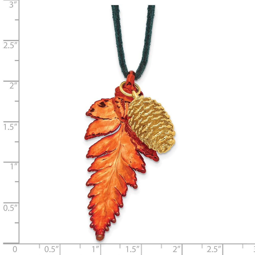 Mode Iridescent Copper Echt Fern Blatt und 24K Gold Dipped Pine Cone 20 Zoll Leder Kordel Halskette