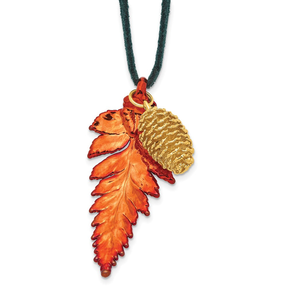 Mode Iridescent Copper Echt Fern Blatt und 24K Gold Dipped Pine Cone 20 Zoll Leder Kordel Halskette