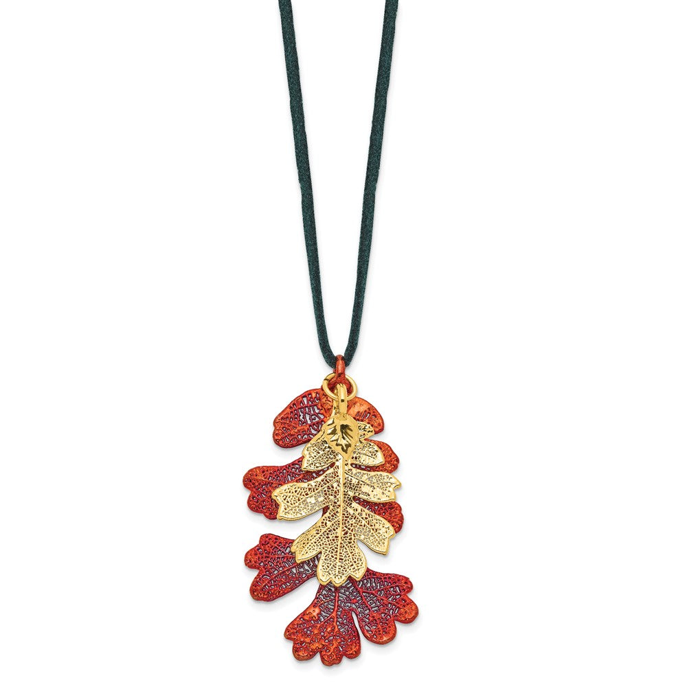 Mode Iridescent Copper und 24K Gold Dipped Doppelt Echt Eiche Leaves 20 Zoll Leder Kordel Halskette