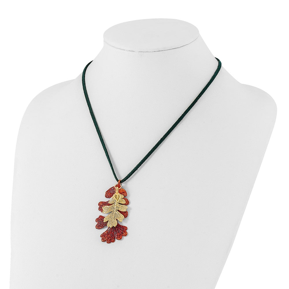 Mode Iridescent Copper und 24K Gold Dipped Doppelt Echt Eiche Leaves 20 Zoll Leder Kordel Halskette
