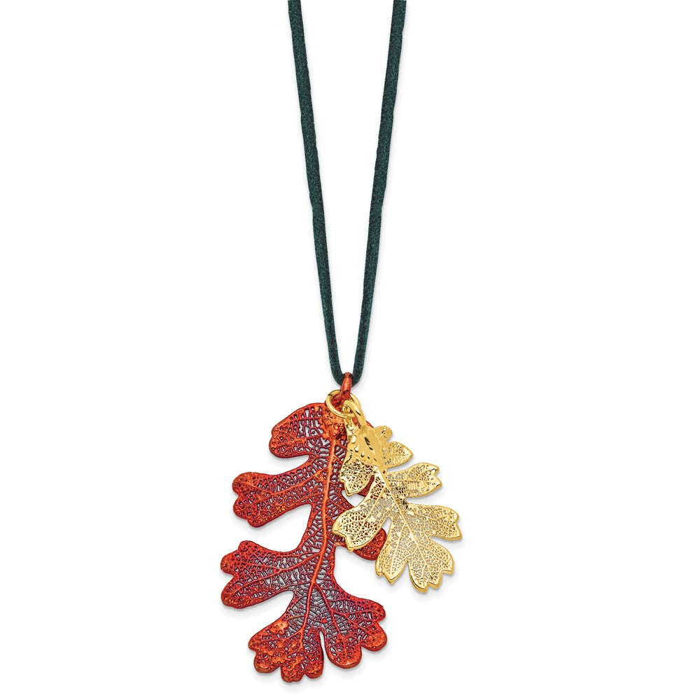 Mode Iridescent Copper und 24K Gold Dipped Doppelt Echt Eiche Leaves 20 Zoll Leder Kordel Halskette
