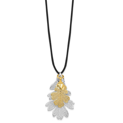 Mode Silber und 24K Gold Dipped Doppelt Echt Eiche Leaves 20 Zoll Leder Kordel Halskette