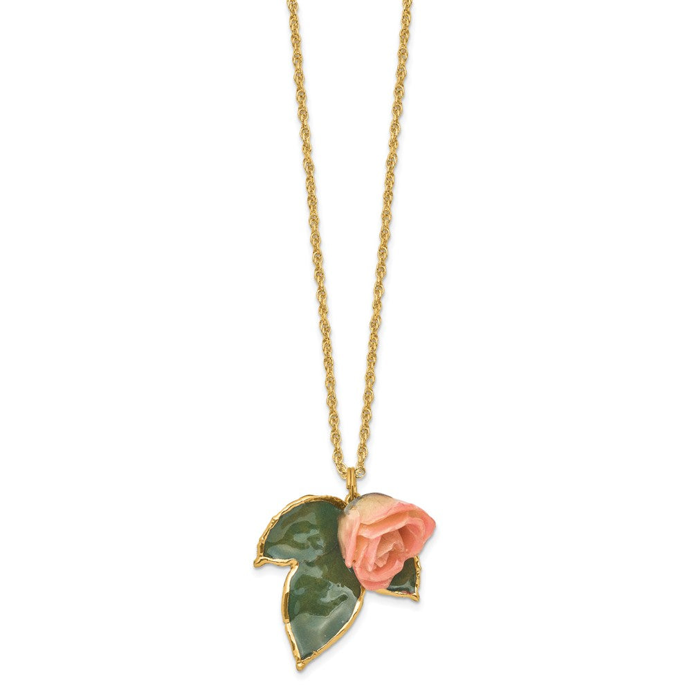 Mode Lacquer Dipped Cream und Rosa Echt Rose auf 24K Gold-trim Lacquered Blatt 20 Zoll Goldfarben Halskette