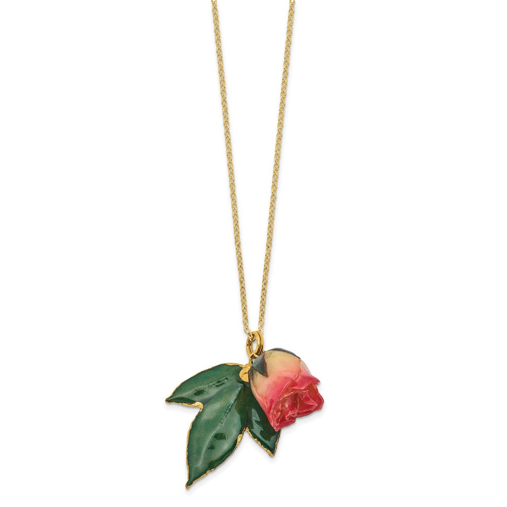 Mode Lacquer Dipped Weiß und Rosa Echt Rosebud auf 24K Gold-trim Lacquered Blatt 20 Zoll Goldfarben Halskette