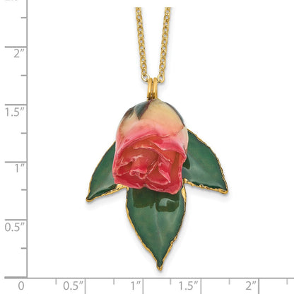 Mode Lacquer Dipped Weiß und Rosa Echt Rosebud auf 24K Gold-trim Lacquered Blatt 20 Zoll Goldfarben Halskette