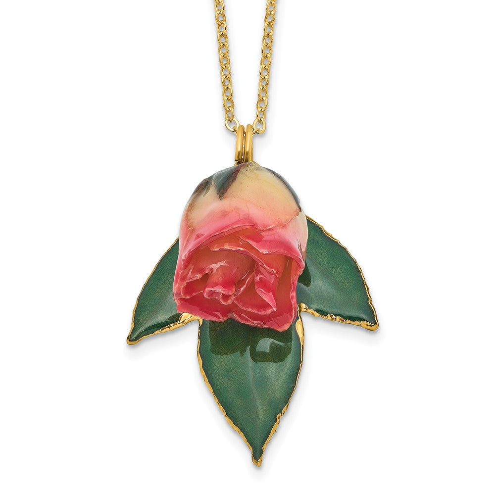 Mode Lacquer Dipped Weiß und Rosa Echt Rosebud auf 24K Gold-trim Lacquered Blatt 20 Zoll Goldfarben Halskette