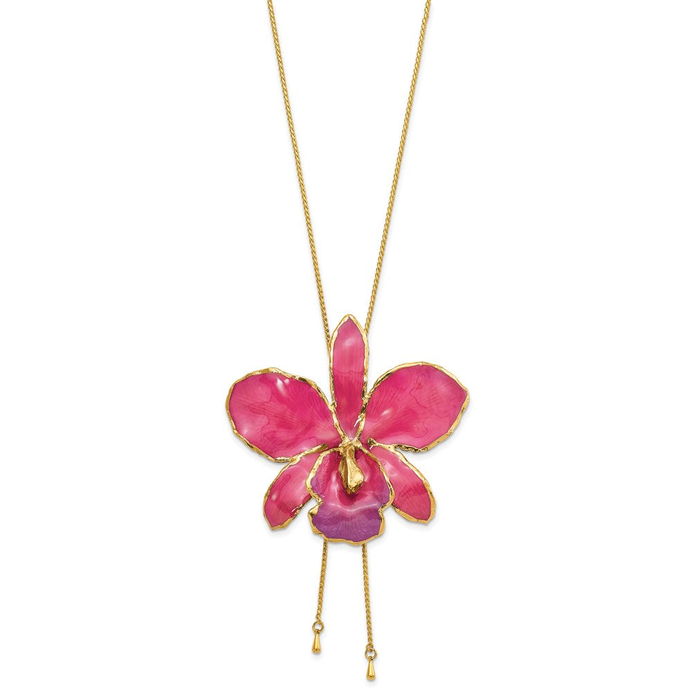 Mode 24K Gold-trim Lacquer Dipped Fuchsia Echt Cattleya Orchidee Schieber-on Verstellbar Goldfarben Halskette