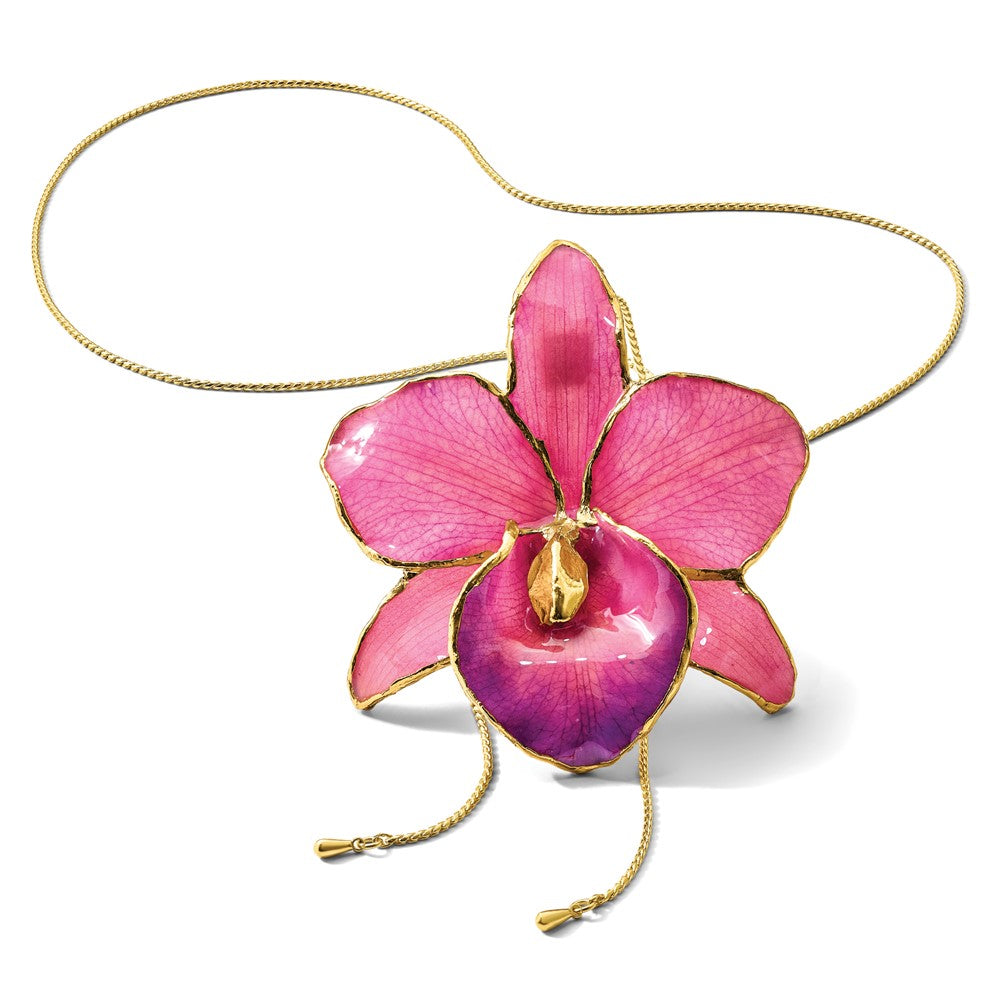 Mode 24K Gold-trim Lacquer Dipped Fuchsia Echt Cattleya Orchidee Schieber-on Verstellbar Goldfarben Halskette