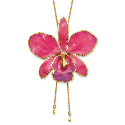 Mode 24K Gold-trim Lacquer Dipped Fuchsia Echt Cattleya Orchidee Schieber-on Verstellbar Goldfarben Halskette