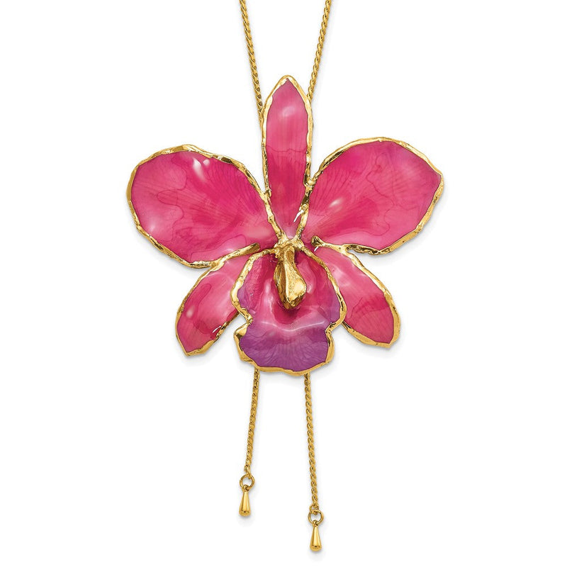 Mode 24K Gold-trim Lacquer Dipped Fuchsia Echt Cattleya Orchidee Schieber-on Verstellbar Goldfarben Halskette