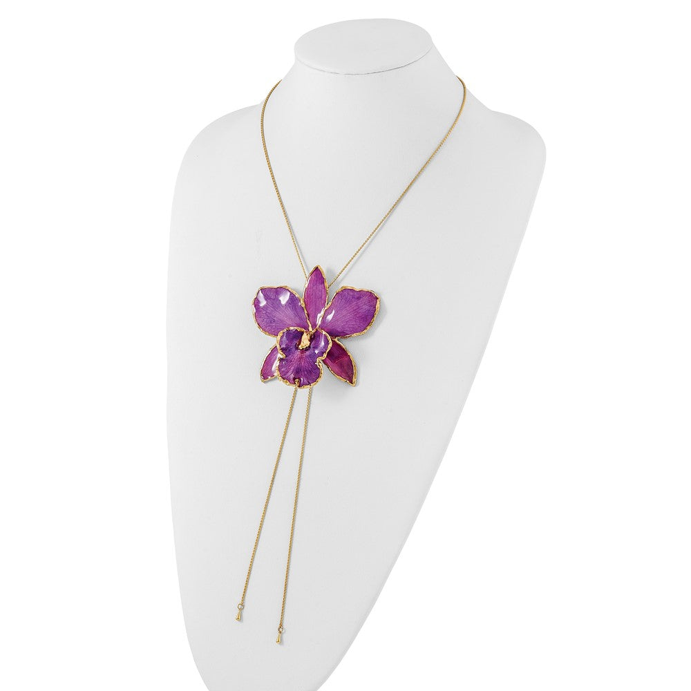 Mode 24K Gold-trim Lacquer Dipped Lila Echt Cattleya Orchidee Schieber-on Verstellbar Goldfarben Halskette