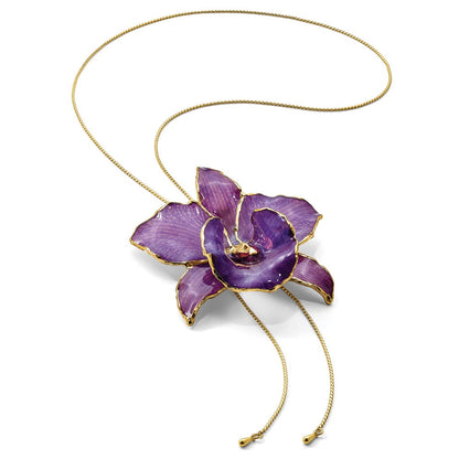 Mode 24K Gold-trim Lacquer Dipped Lila Echt Cattleya Orchidee Schieber-on Verstellbar Goldfarben Halskette