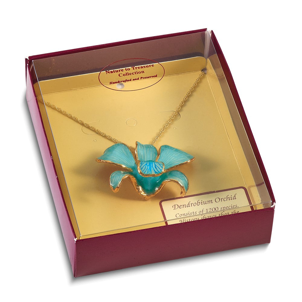 Mode 24K Gold-trim Lacquer Dipped Blau Echt Dendrobium Orchidee 20 Zoll Goldfarben Halskette