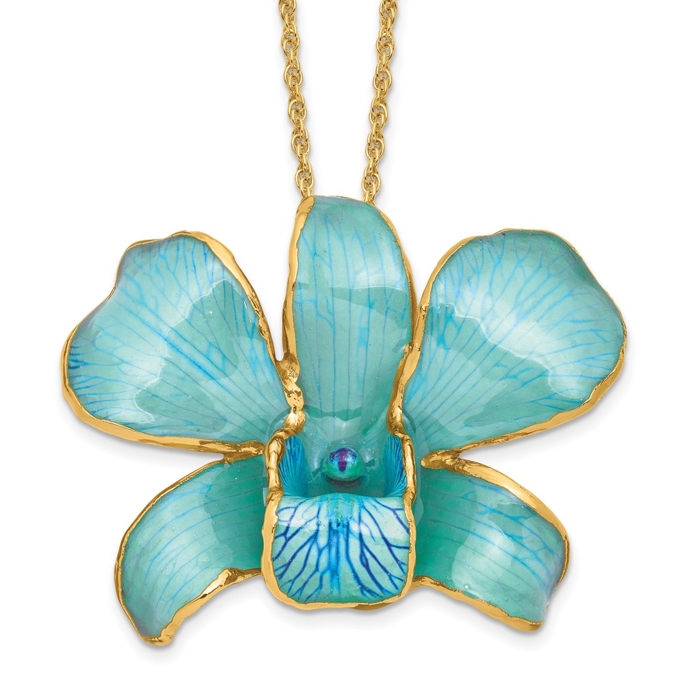 Mode 24K Gold-trim Lacquer Dipped Blau Echt Dendrobium Orchidee 20 Zoll Goldfarben Halskette