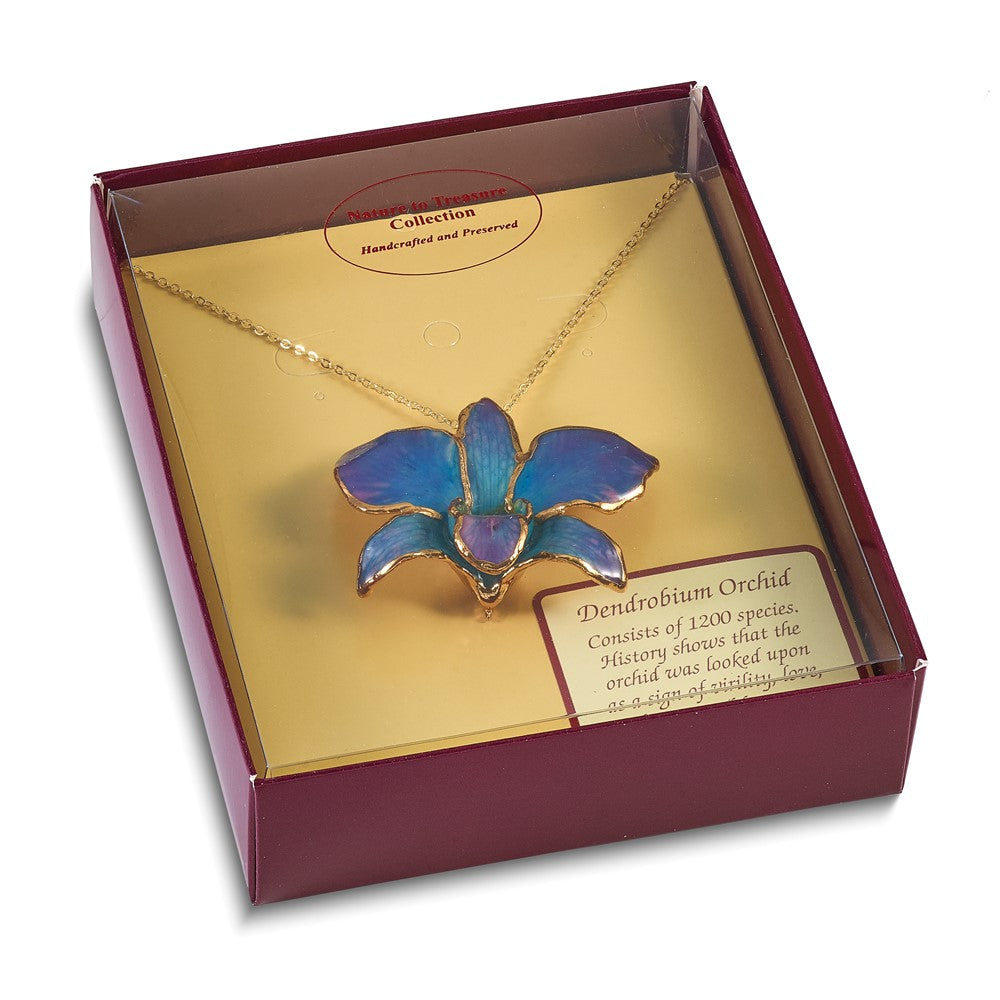 Mode 24K Gold-trim Lacquer Dipped Blau und Lila Echt Dendrobium Orchidee 20 Zoll Goldfarben Halskette