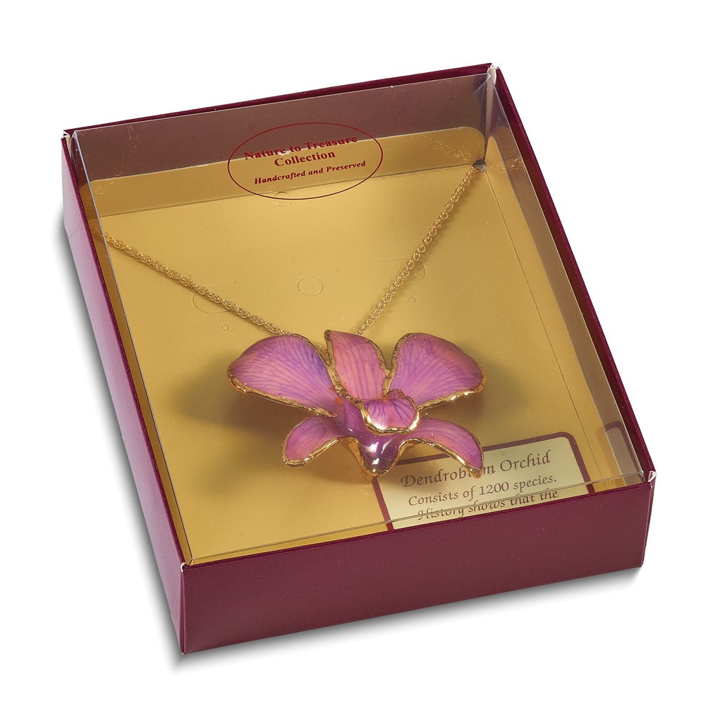 Mode 24K Gold-trim Lacquer Dipped Hot Lavender Echt Dendrobium Orchidee 20 Zoll Goldfarben Halskette