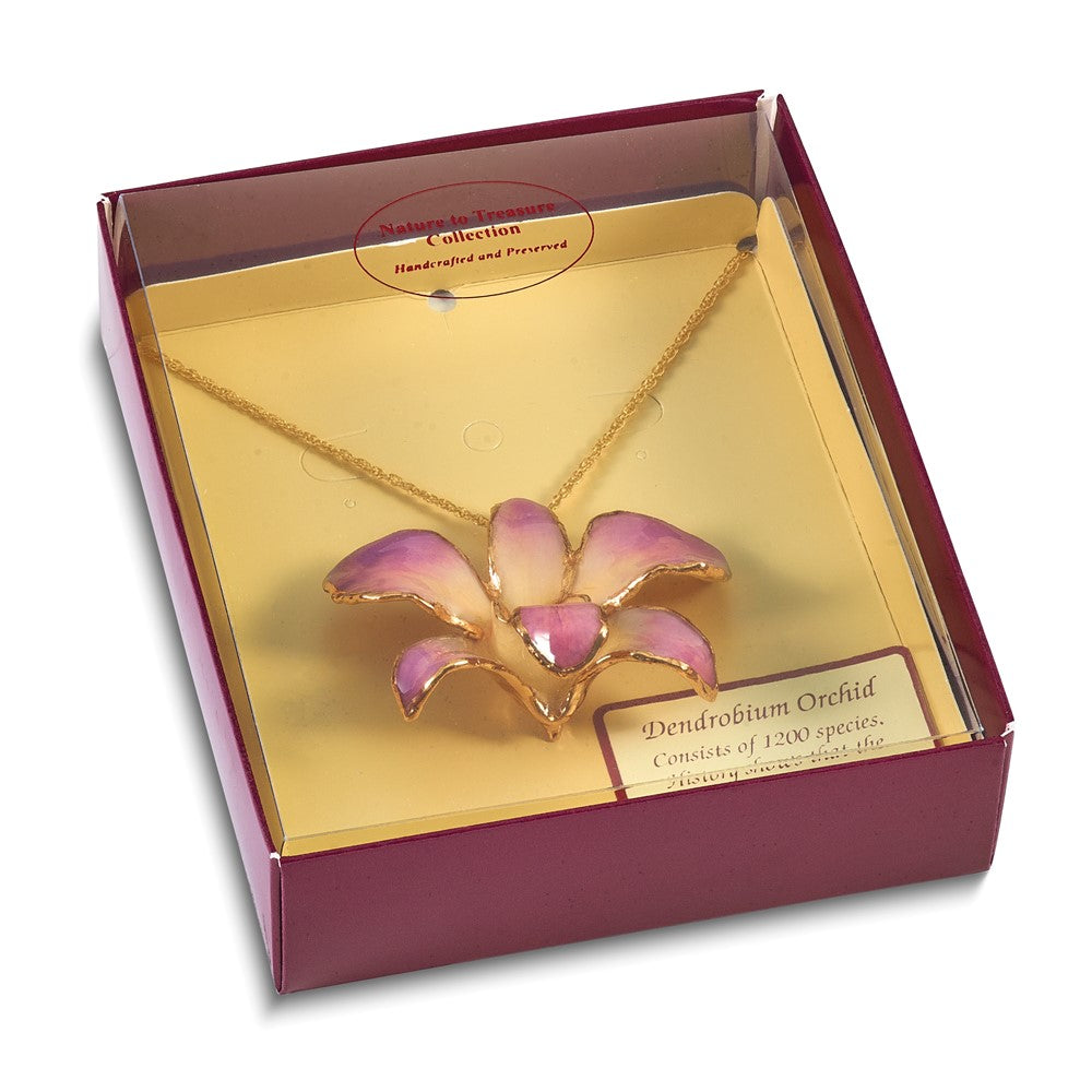 Mode 24K Gold-trim Lacquer Dipped Weiß und Lilac Echt Dendrobium Orchidee 20 Zoll Goldfarben Halskette