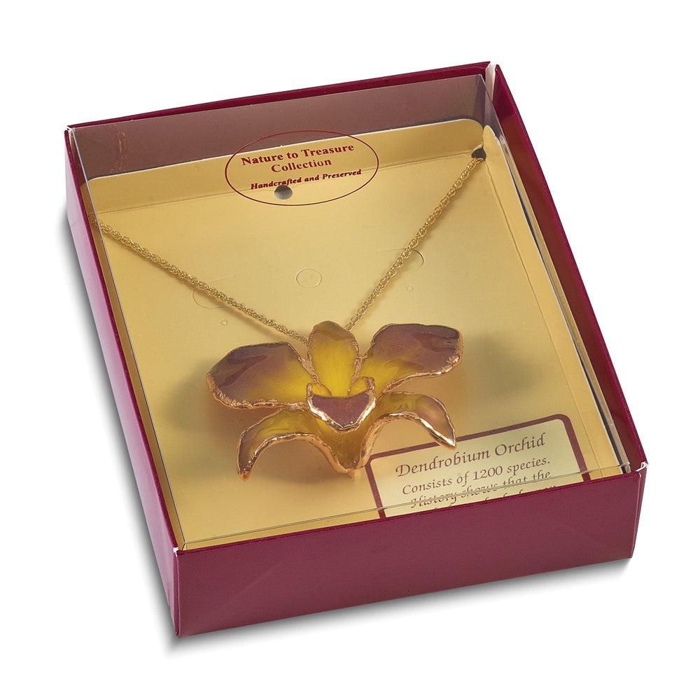 Mode 24K Gold-trim Lacquer Dipped Lila und Gelb Echt Dendrobium Orchidee 20 Zoll Goldfarben Halskette