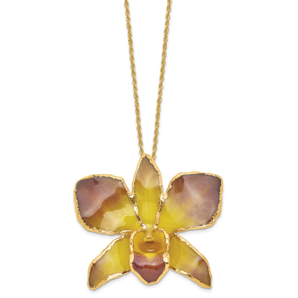 Mode 24K Gold-trim Lacquer Dipped Lila und Gelb Echt Dendrobium Orchidee 20 Zoll Goldfarben Halskette