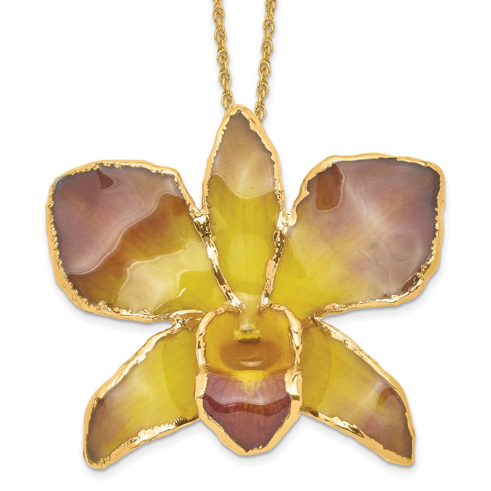 Mode 24K Gold-trim Lacquer Dipped Lila und Gelb Echt Dendrobium Orchidee 20 Zoll Goldfarben Halskette