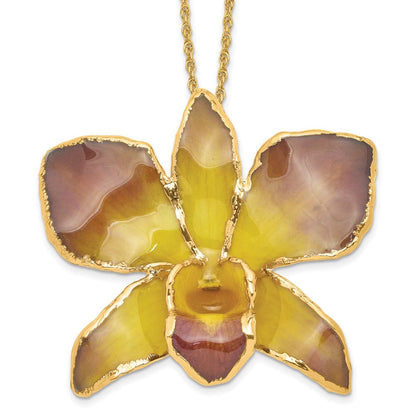 Mode 24K Gold-trim Lacquer Dipped Lila und Gelb Echt Dendrobium Orchidee 20 Zoll Goldfarben Halskette