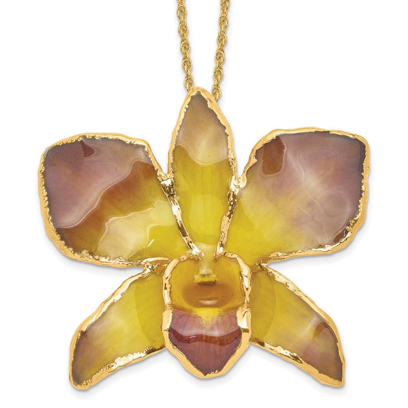 Mode 24K Gold-trim Lacquer Dipped Lila und Gelb Echt Dendrobium Orchidee 20 Zoll Goldfarben Halskette