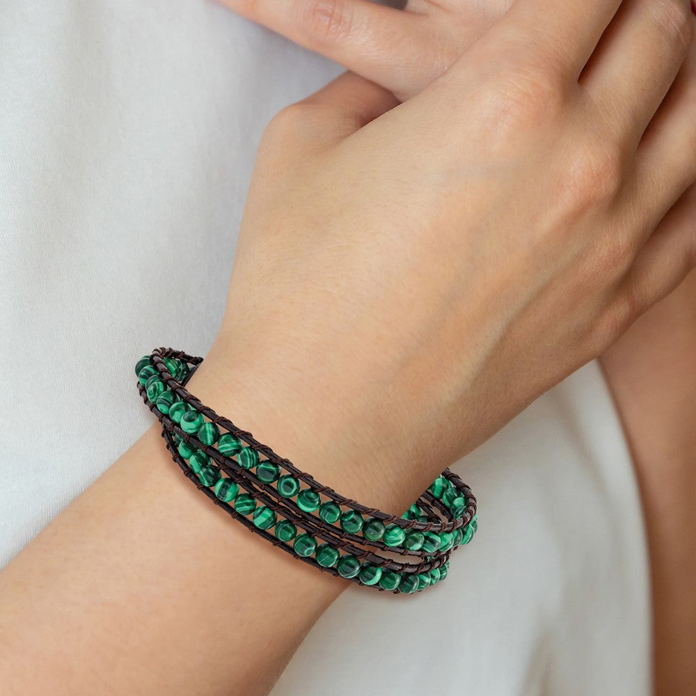 13 Zoll 6mm Grün Malachite Perlen Leder Kordel Multi Wickel Armband