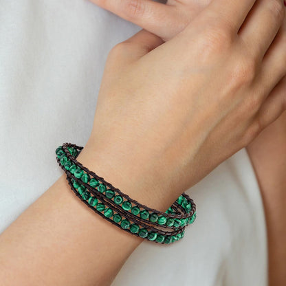 13 Zoll 6mm Grün Malachite Perlen Leder Kordel Multi Wickel Armband