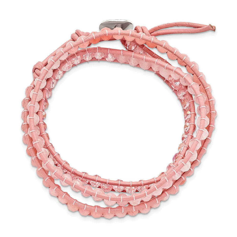 20 Zoll Leder Rose/pink Quarz Kristall Multi Wickel/ Knopf Armband