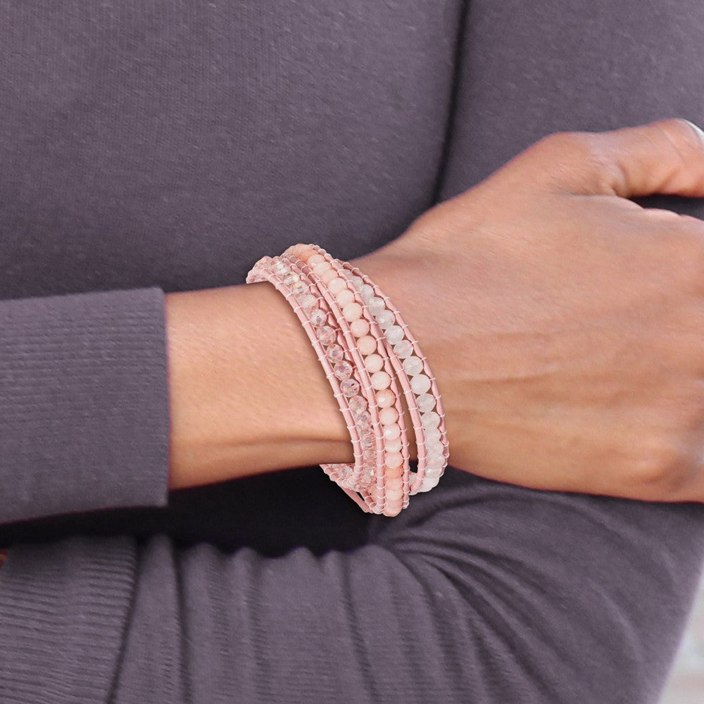 20 Zoll Leder Rose/pink Quarz Kristall Multi Wickel/ Knopf Armband