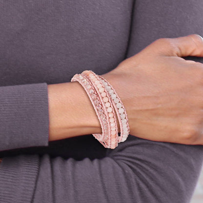 20 Zoll Leder Rose/pink Quarz Kristall Multi Wickel/ Knopf Armband