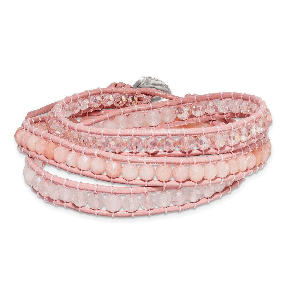 20 Zoll Leder Rose/pink Quarz Kristall Multi Wickel/ Knopf Armband
