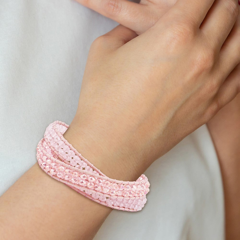 20 Zoll Rosa Leder Rose Quarz Gekugelt Multi Wickel Messing Knopf Armband