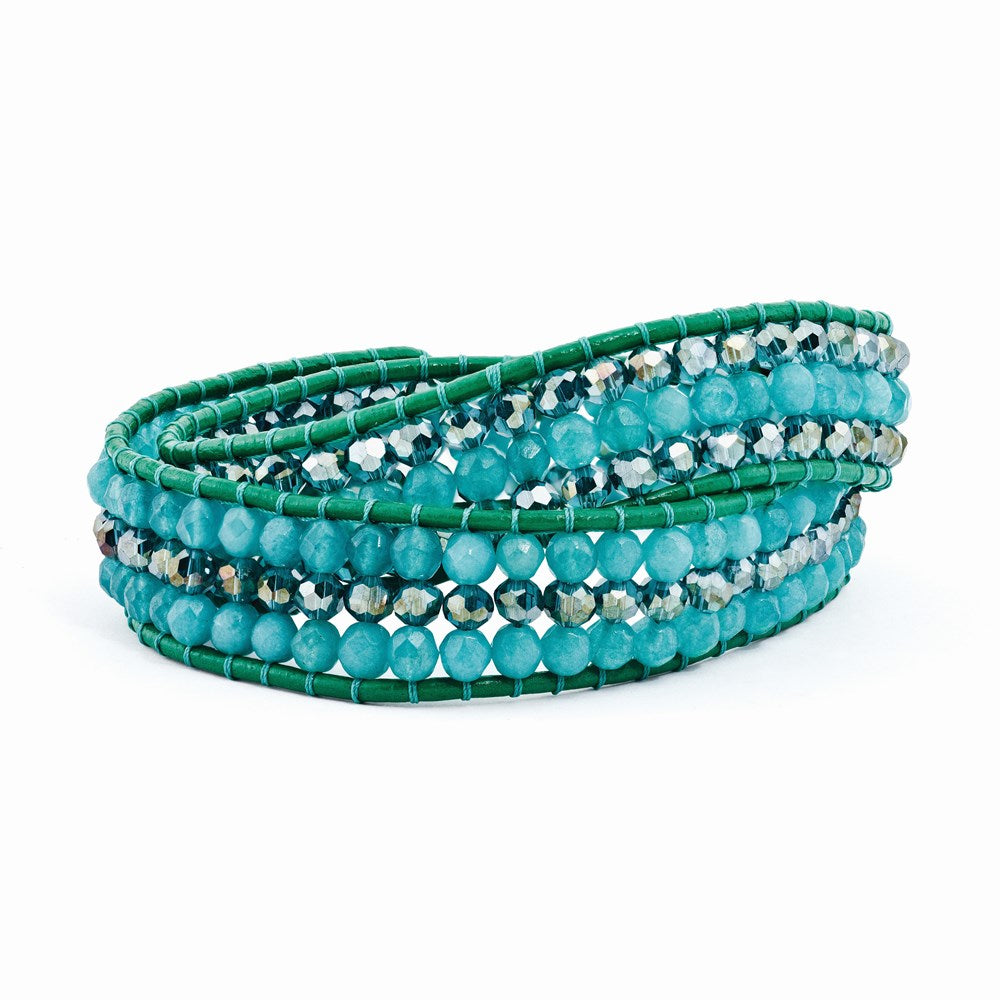 13 Zoll Leder Blau Zircon Quarz/crystal Multi Wickel Messing Knopf Armband