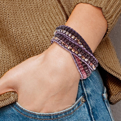 21 Zoll Lila Kristall und Rot Quarz Leder Multi-wrap Armband