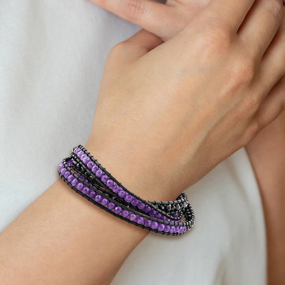 34 Zoll Schwarz Kristall/purple Quarz Perle/leather Multi-wrap Armband