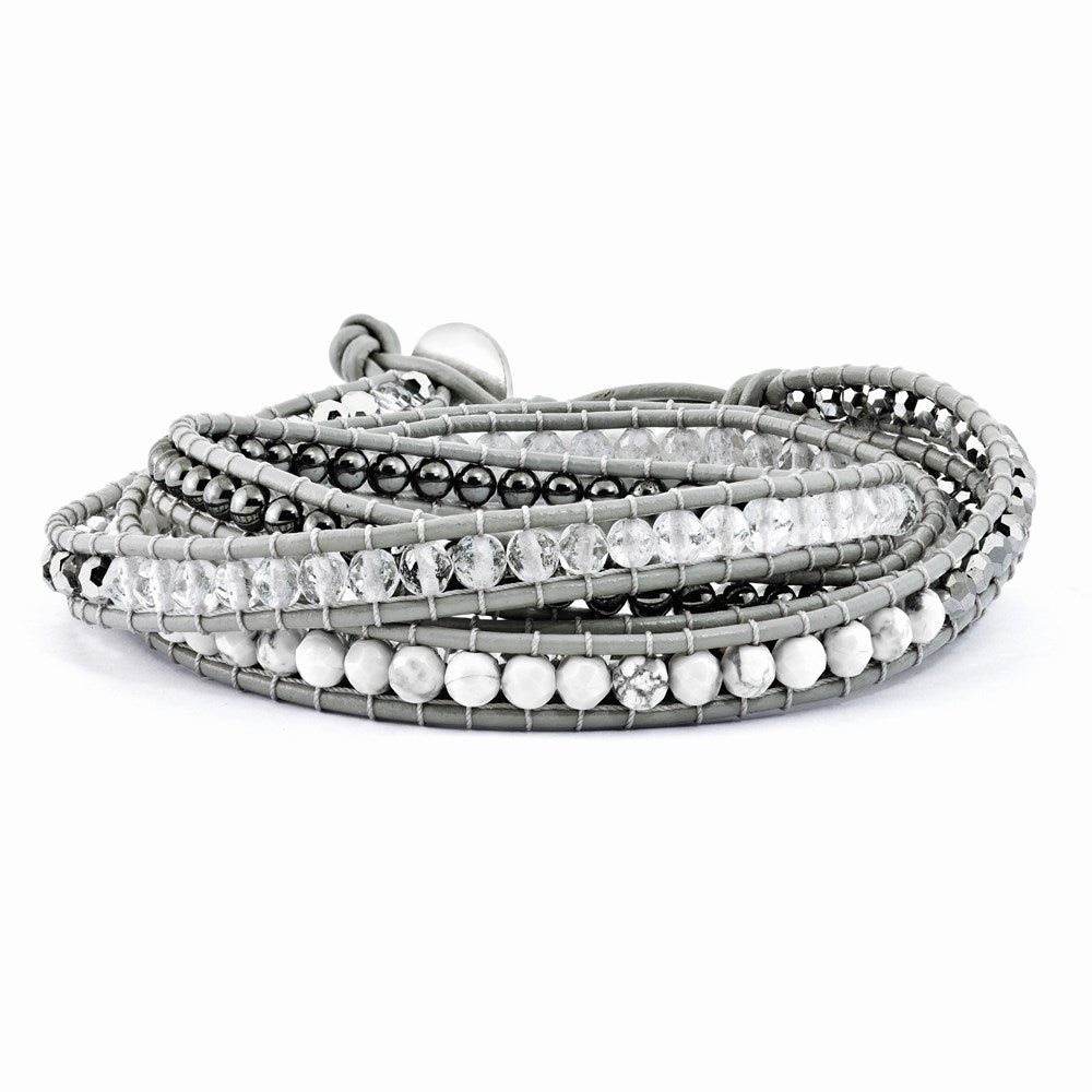 34 Zoll Kristall/hematite/white Howlite Perle Leder Multi-wrap Armband
