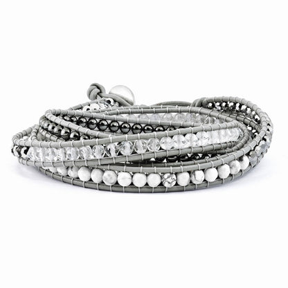 34 Zoll Kristall/hematite/white Howlite Perle Leder Multi-wrap Armband