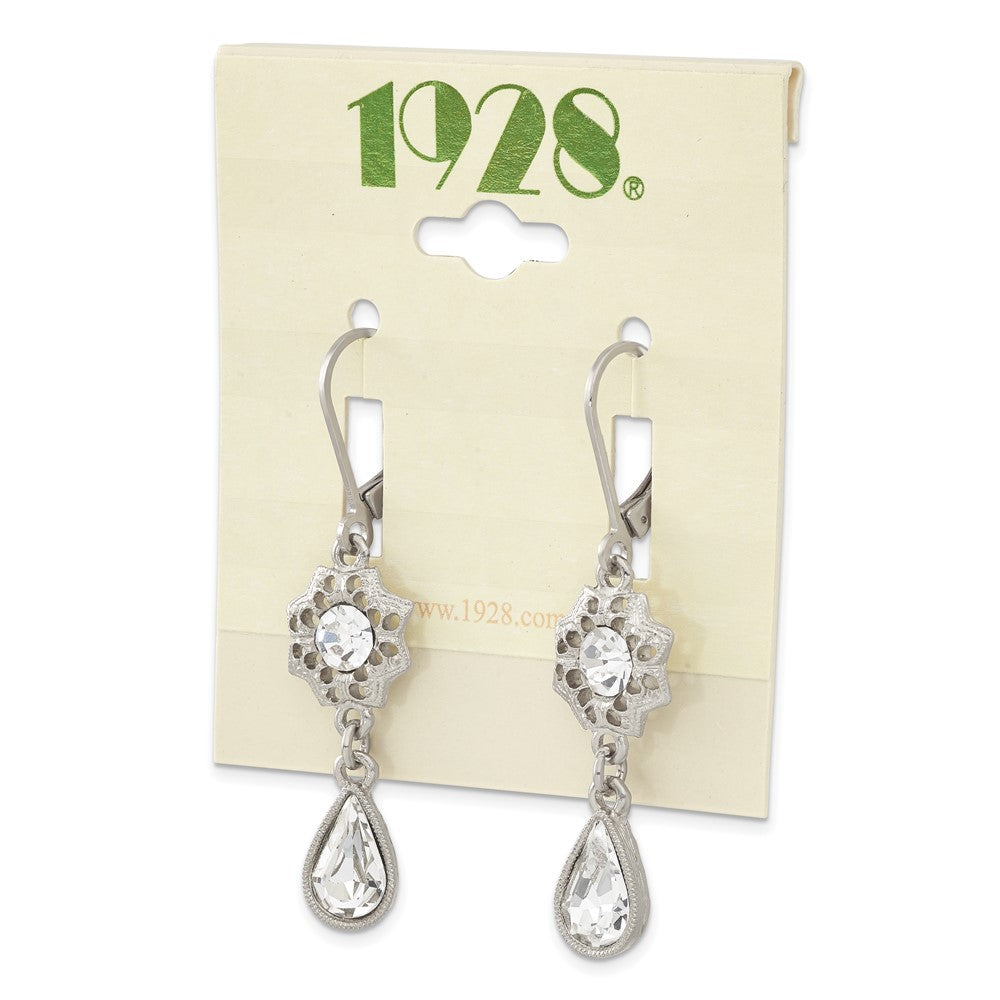 Mode 1928 Schmuck Silberfarben Filigran Blumen Rahmen mit Klar Kristall Mittig und Tropfen Hängend Ohrhänger mit Brisur
