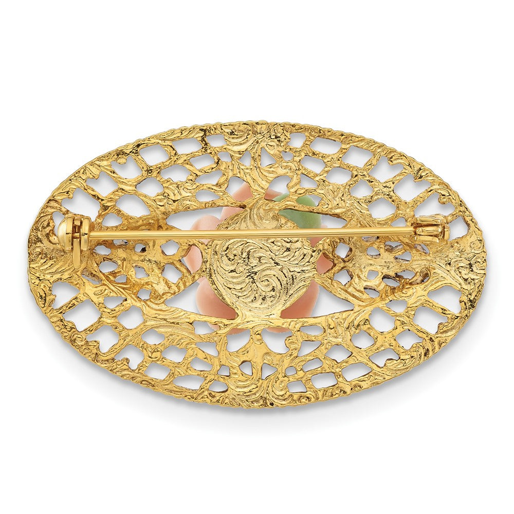 Mode 1928 Schmuck Goldfarben Filigran Rosa Rose Porcelain Blume Brosche