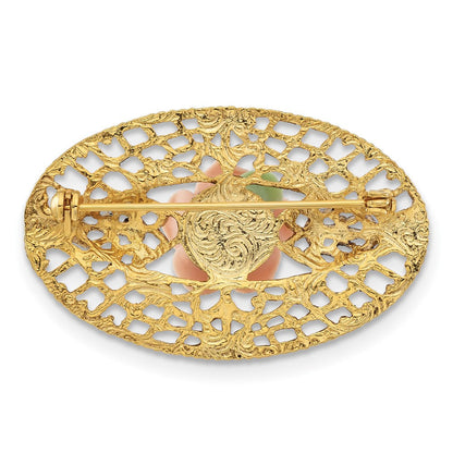 Mode 1928 Schmuck Goldfarben Filigran Rosa Rose Porcelain Blume Brosche