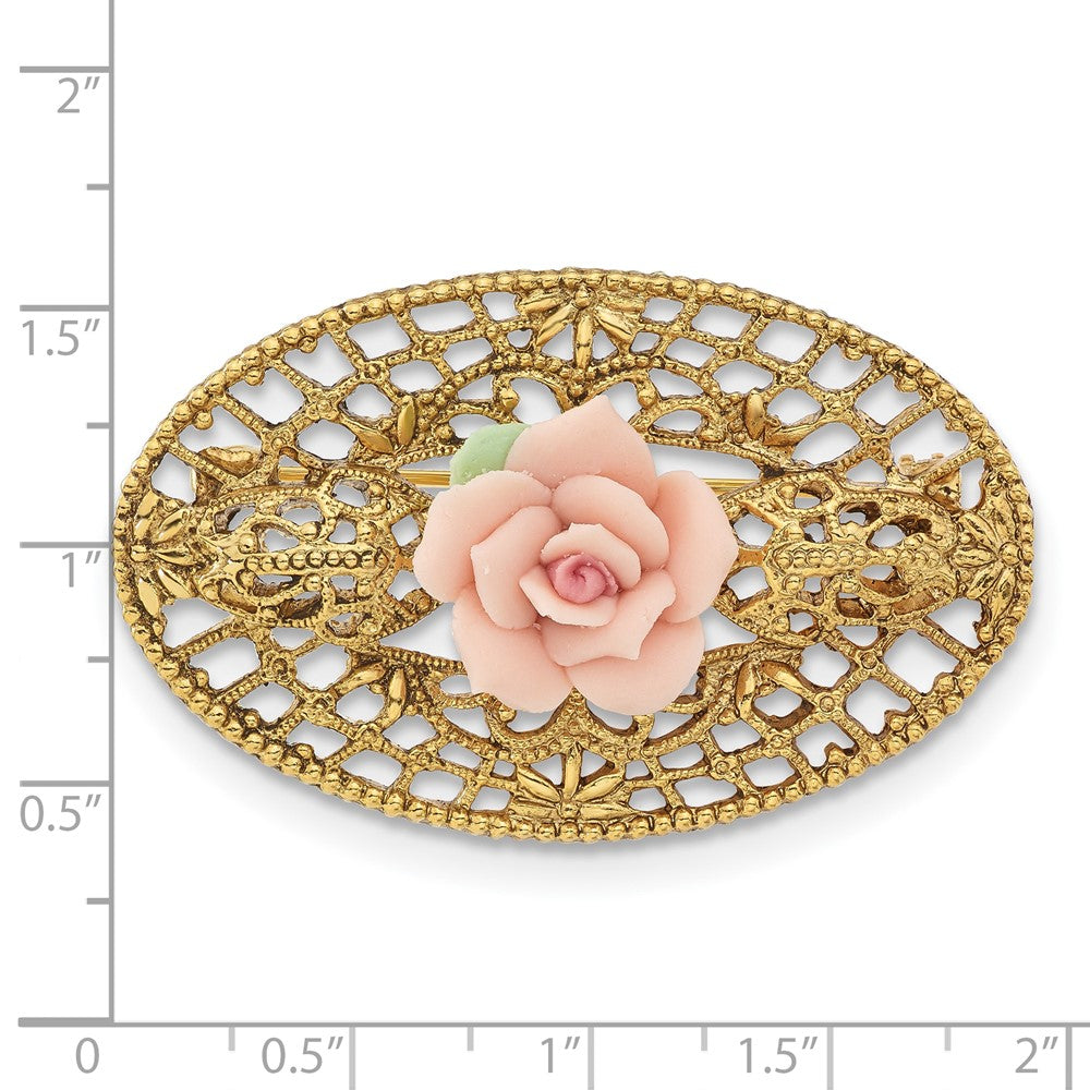 Mode 1928 Schmuck Goldfarben Filigran Rosa Rose Porcelain Blume Brosche