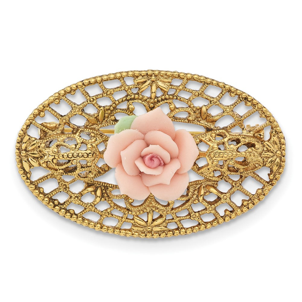 Mode 1928 Schmuck Goldfarben Filigran Rosa Rose Porcelain Blume Brosche