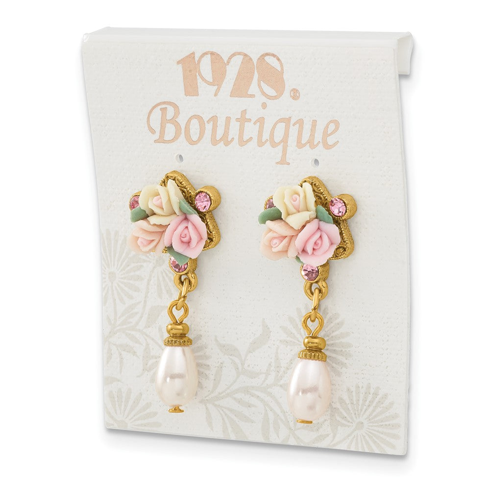 Mode 1928 Schmuck Goldfarben Rosa Kristall Ivory Peach und Porcelain Rose Blume Bouquet Imitat Perle Hängend Ohrstecker