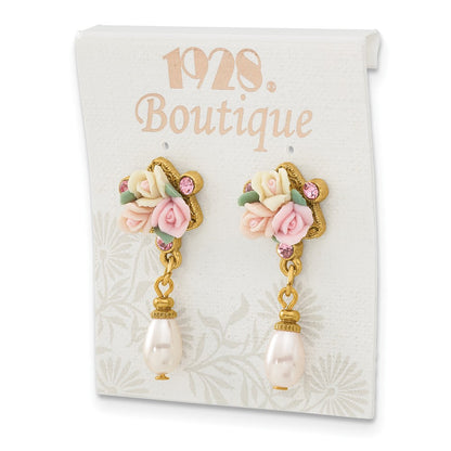 Mode 1928 Schmuck Goldfarben Rosa Kristall Ivory Peach und Porcelain Rose Blume Bouquet Imitat Perle Hängend Ohrstecker