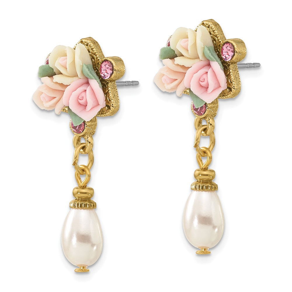Mode 1928 Schmuck Goldfarben Rosa Kristall Ivory Peach und Porcelain Rose Blume Bouquet Imitat Perle Hängend Ohrstecker